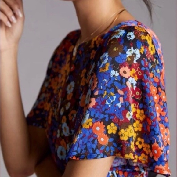 Anthropologie Women's Floral Ruffled Satin Mini Dress Size 2 Multicolor - Picture 2 of 6